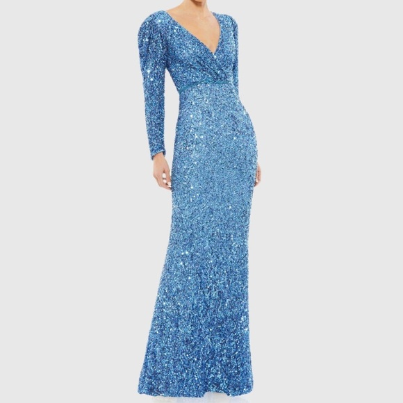 NWT Mac Duggal French Blue Puff Shoulder Sequined Surplice Gown, size 4 - Picture 1 of 11